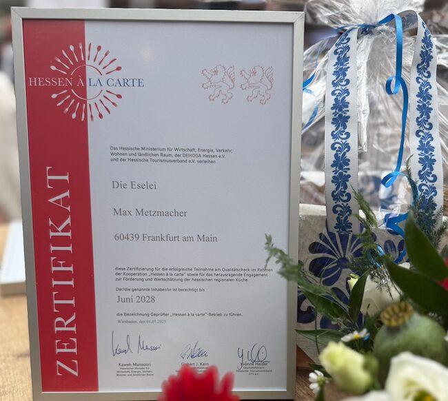 Zertifikat Hessen à la carte für Die Eselei im NWZ Frankfurt